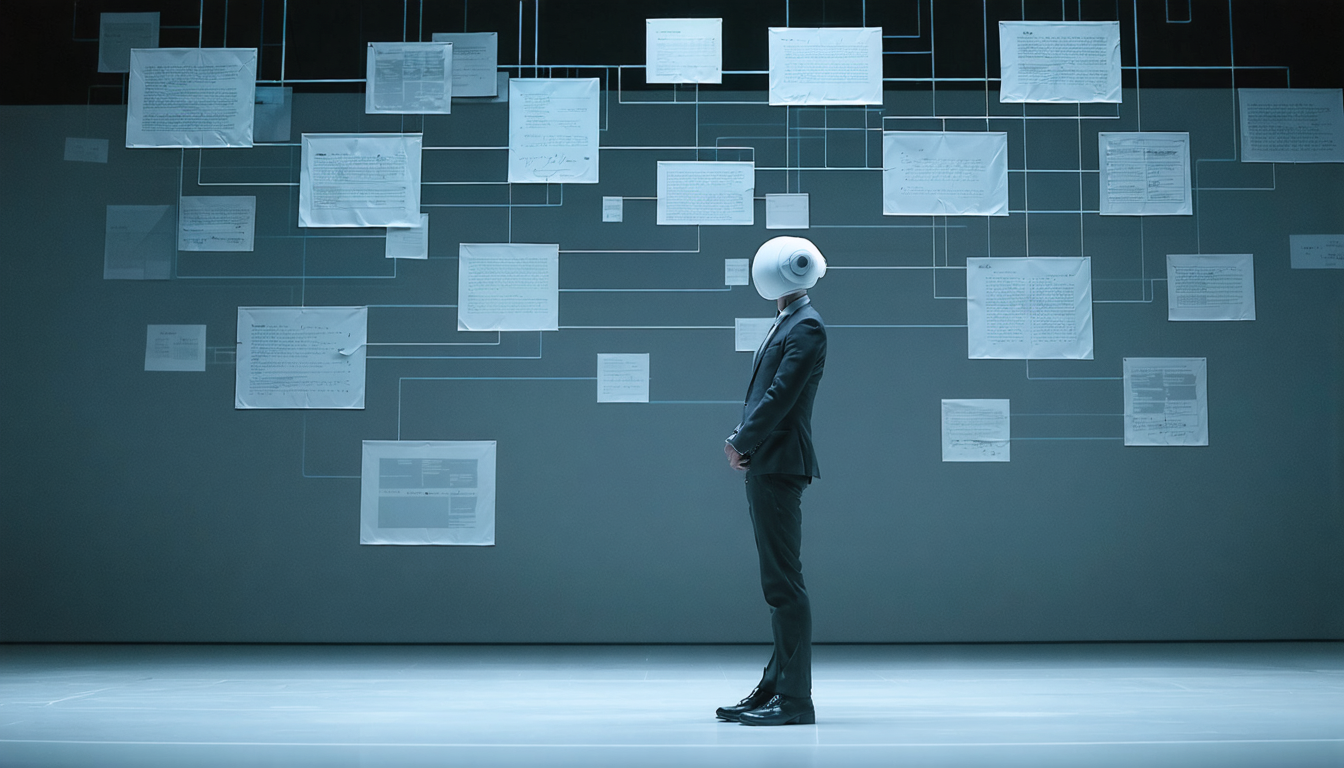 A blindfolded improv actor on a stage, mid-line, with speech flowing out confidently. Behind them, instead of a reference library, a stream of overlapping scripts they've absorbed. One branch of the speech is labeled 'fluent and right' and another, i