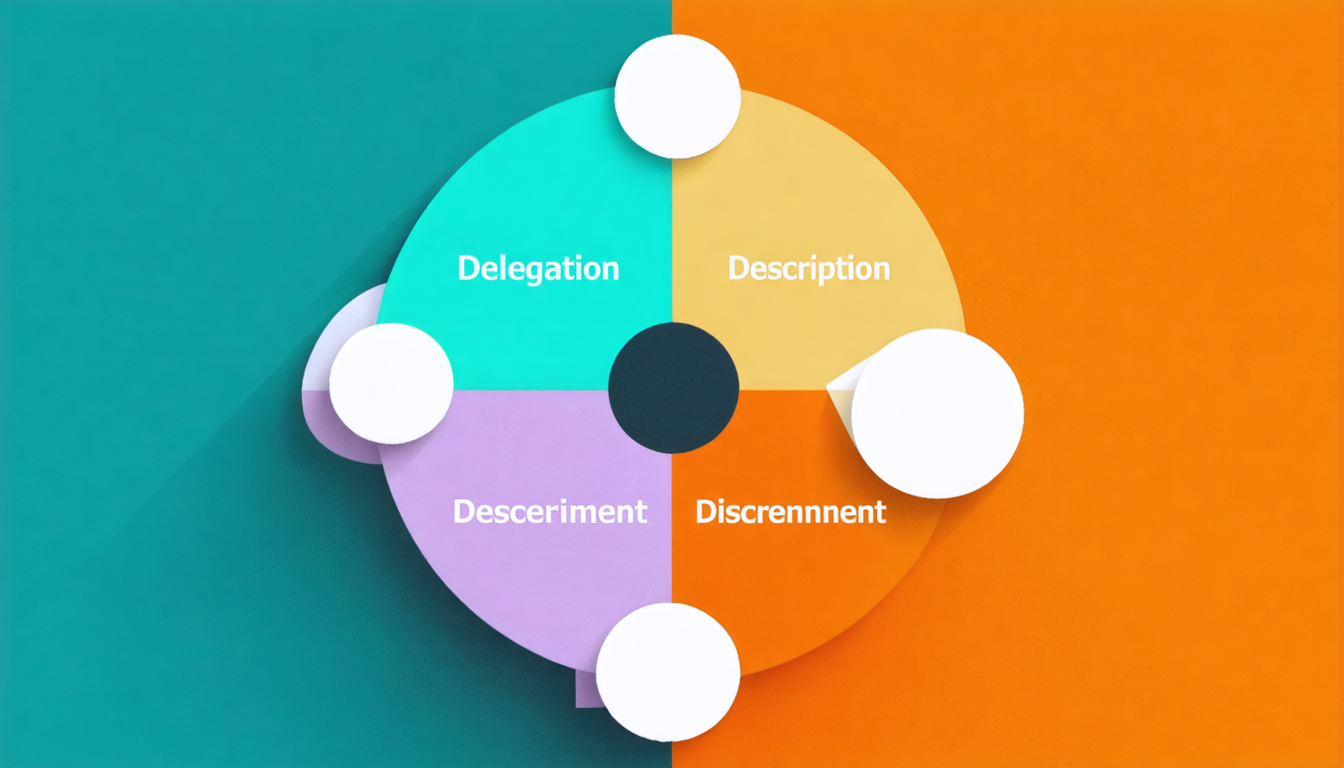 Create a circular process flowchart showing the four moves of the loop arranged clockwise as a continuous cycle: Decide / Delegation (choosing what to hand to AI and what to keep), Ask / Description (writing a clear request with context and success c