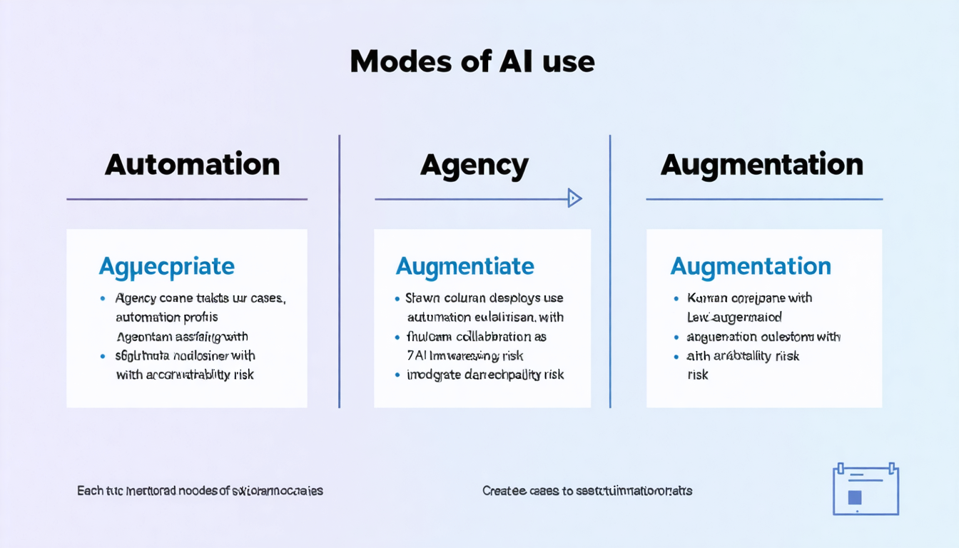Create a 2x3 matrix diagram showing three modes of AI use (Automation, Agency, Augmentation) as columns with two rows below: "Appropriate Use Cases" and "Risk Profile." Each cell contains 2-3 concise bullet points. Automation column shows routine tas