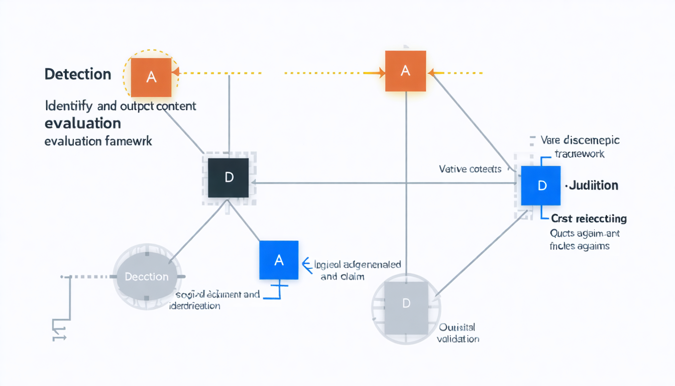 Create a flowchart diagram showing the AI output evaluation process with four sequential decision nodes representing Anthropic's 4D Discernment framework: Detection (identify AI-generated content), Deduction (analyze logical structure and claims), Cr