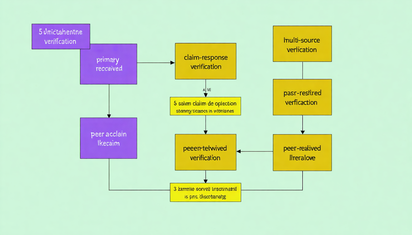 Flowchart diagram showing the AI output verification workflow in four sequential swim-lanes: (1) AI Response Received (purple box with sample claim), (2) Claim Extraction (yellow boxes breaking statement into discrete factual assertions), (3) Multi-S