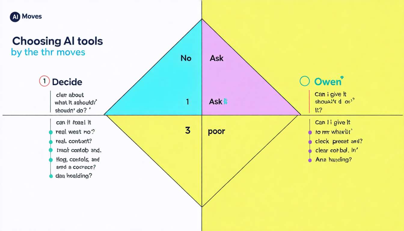 A four-quadrant scorecard, one quadrant per move, Decide, Ask, Check, Own, each with its scoring question ('clear about what it should/shouldn't do?', 'can I give it real context and steer it?', 'can I see what to trust and trace it to a source?', 'i