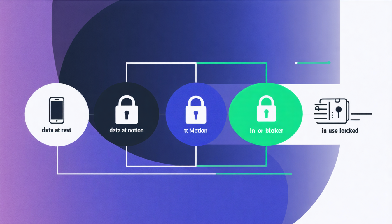 Create a horizontal flow diagram showing one piece of information (a small document icon) passing through three labeled zones from left to right, with each zone showing its matching lock. Zone 1 'Data at Rest' (a hard drive or phone icon, near-black 