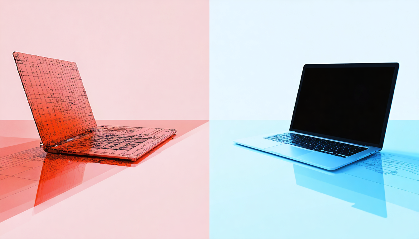 Create a two-panel comparison diagram contrasting an unencrypted laptop drive with a full-disk-encrypted one, both shown powered off. Left panel labeled "Not Encrypted": a hard drive chip with a thief's hand pulling it out and plugging it into a seco