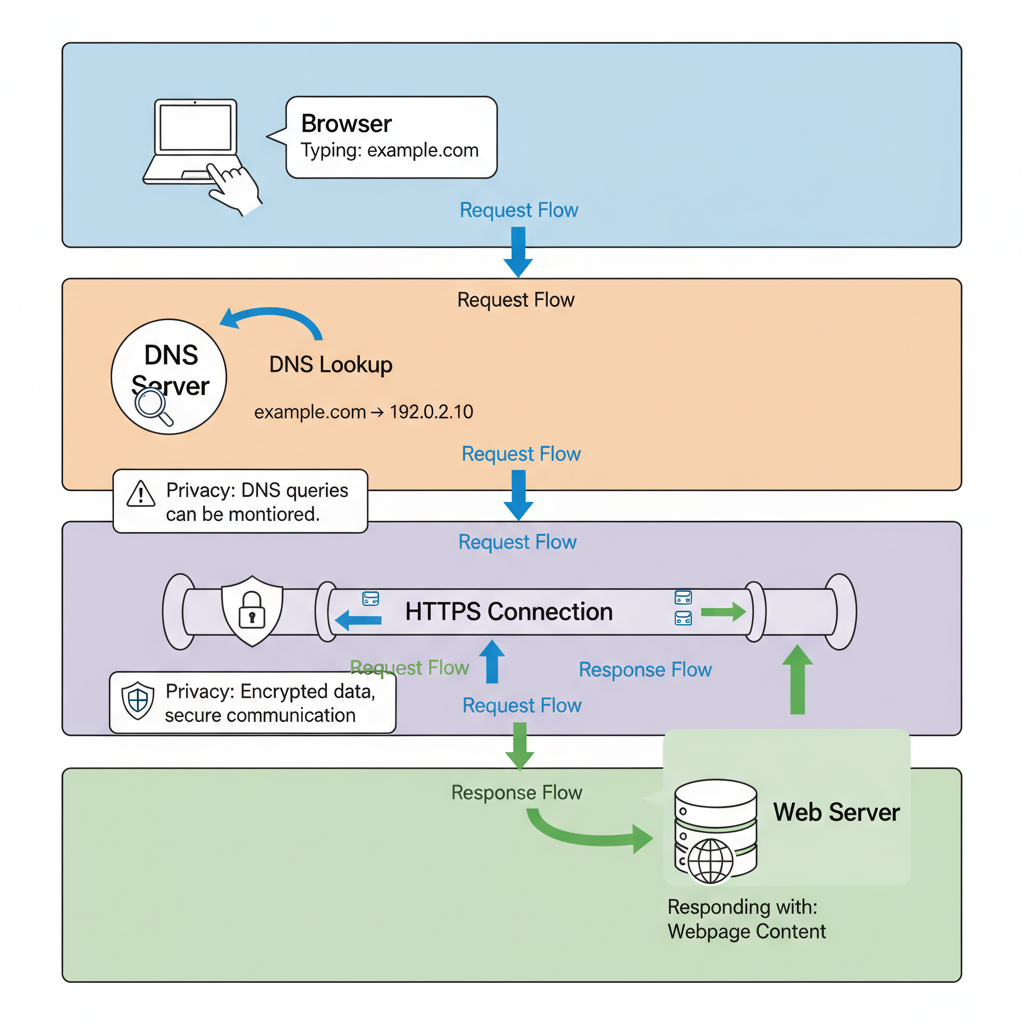 A layered network architecture diagram showing how a web request travels from a user's device to a website and back. Top layer: user typing "example.com" in browser. Second layer: DNS server translating domain name to IP address (show the lookup arro