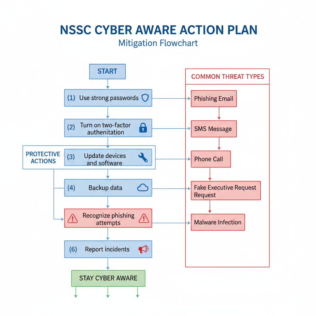 Create a flowchart diagram showing the 6-step NCSC Cyber Aware action plan as a vertical decision tree with branching paths. Each step should be a rectangular node with clear labels: (1) Use strong passwords, (2) Turn on two-factor authentication, (3