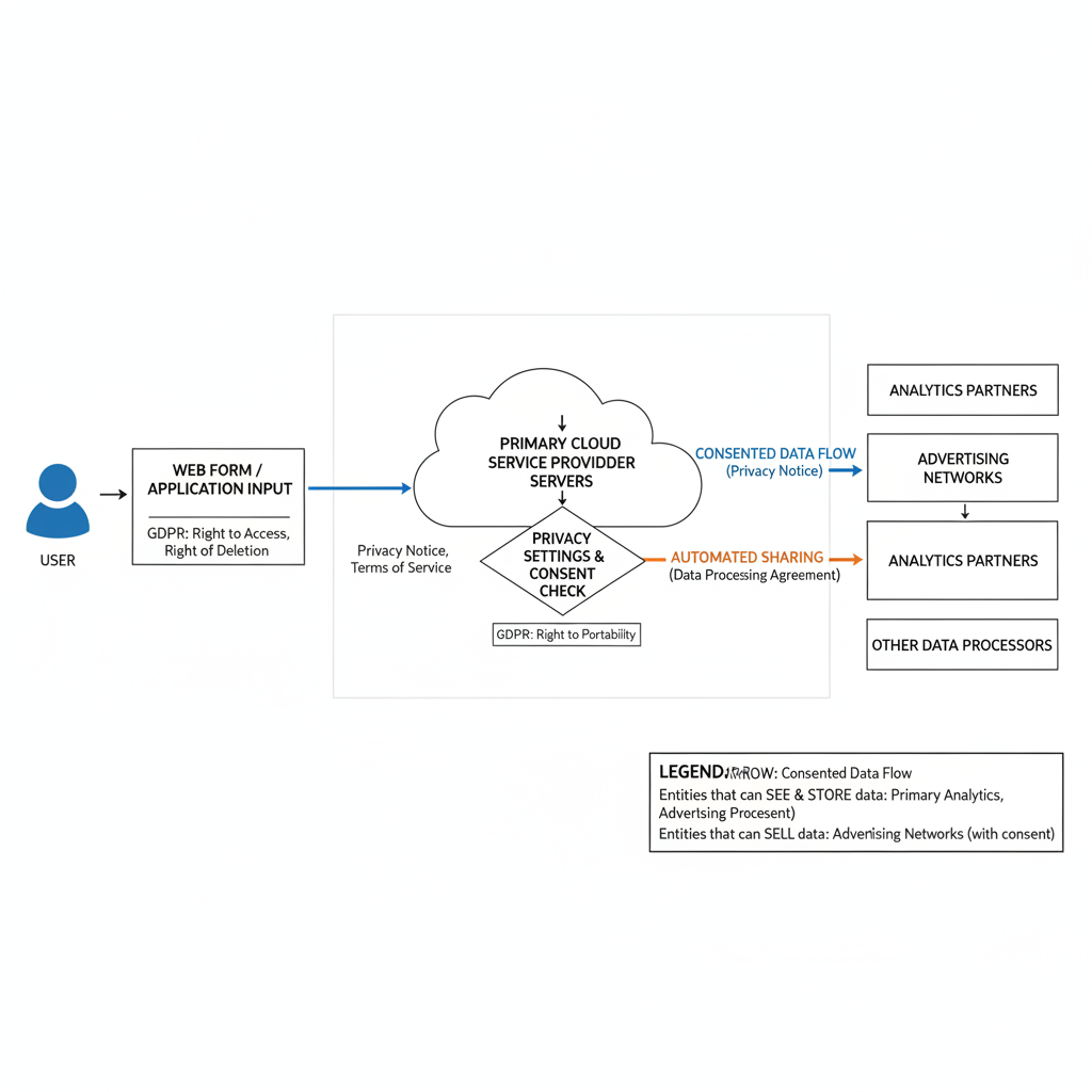 Create a flowchart diagram showing the journey of user data from input through cloud services to third-party destinations. Start with a user icon at the left entering data into a web form or application. Show the data flowing through three main stage